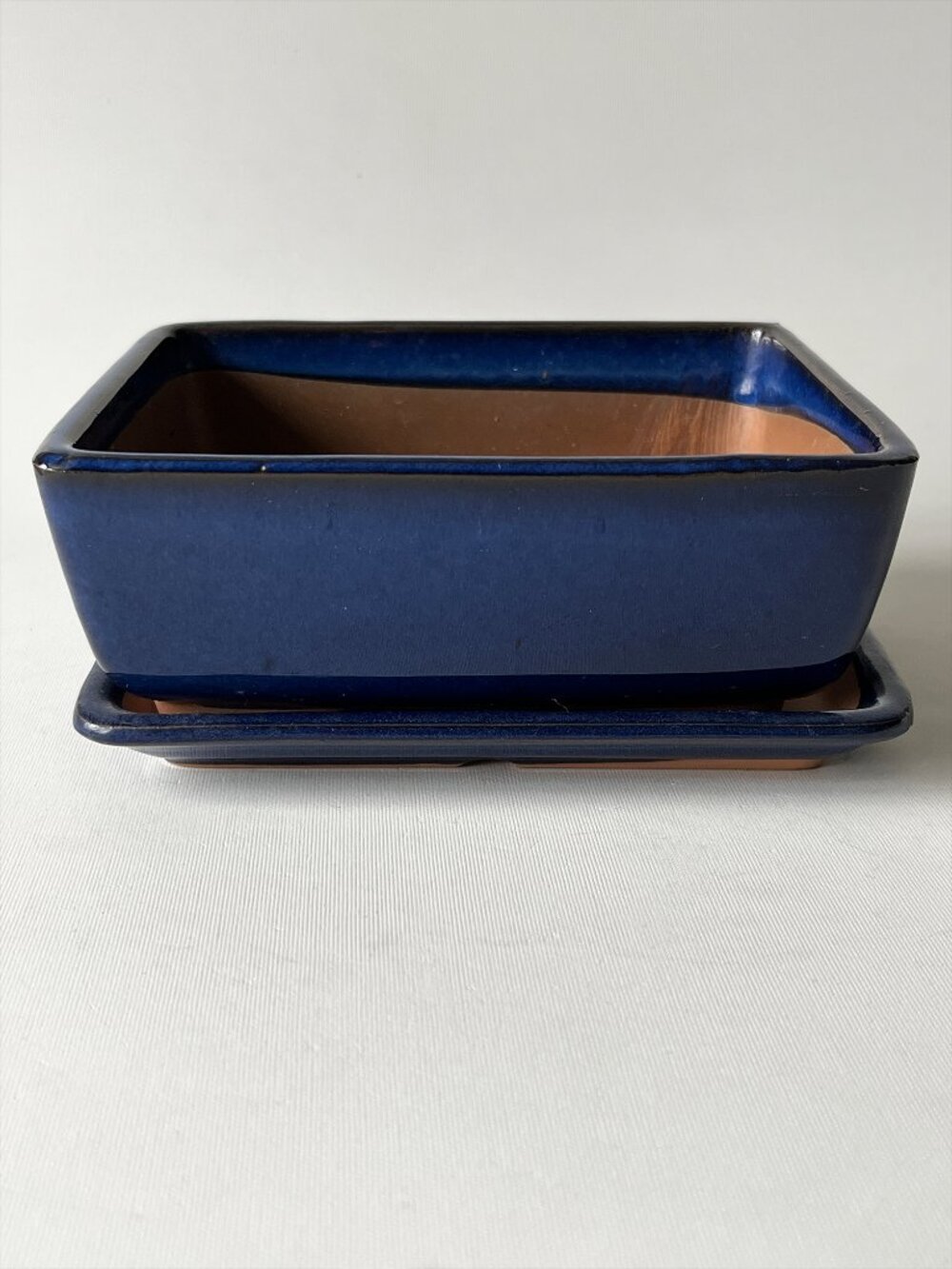 Vintage Cobalt Blue Glazed Ceramic Bonsai Pot w/ Matching Tray 6" Made in Japan